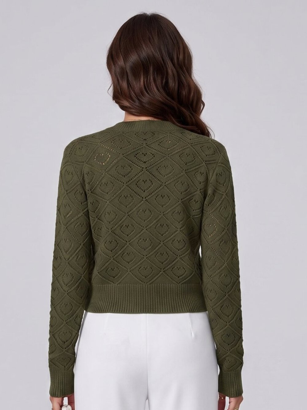 Women's Olive Green Hollow Out Knit Cardigan Round Neck Gold Button Crop Top - Picture 2 of 7